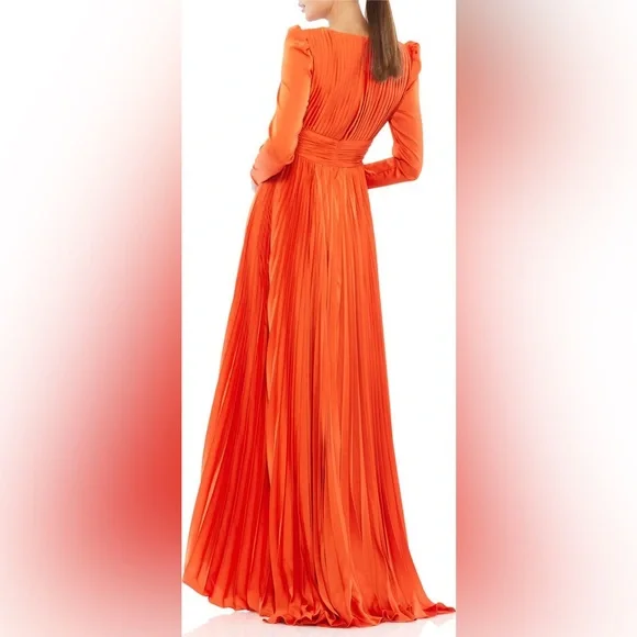🆕Ieena Mac Duggal NWOT Long Sleeve Pleated Chiffon A-Line Gown in Sunset(MD-25) - Picture 2 of 12